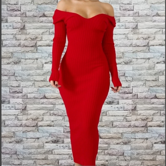 Dresses & Skirts - Red Ribbed Midi Sweater Dress